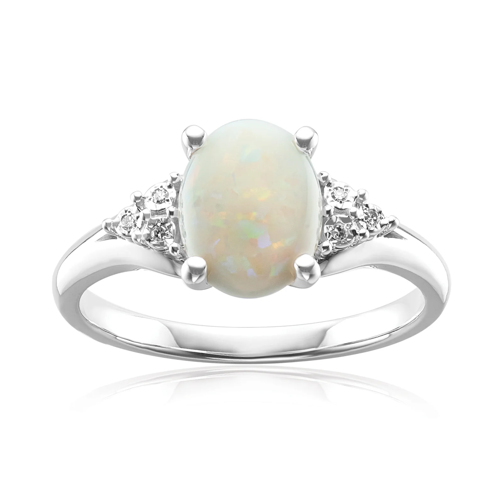 Sterling Silver Oval Cut 9x7mm Opal & Diamonds Ring
