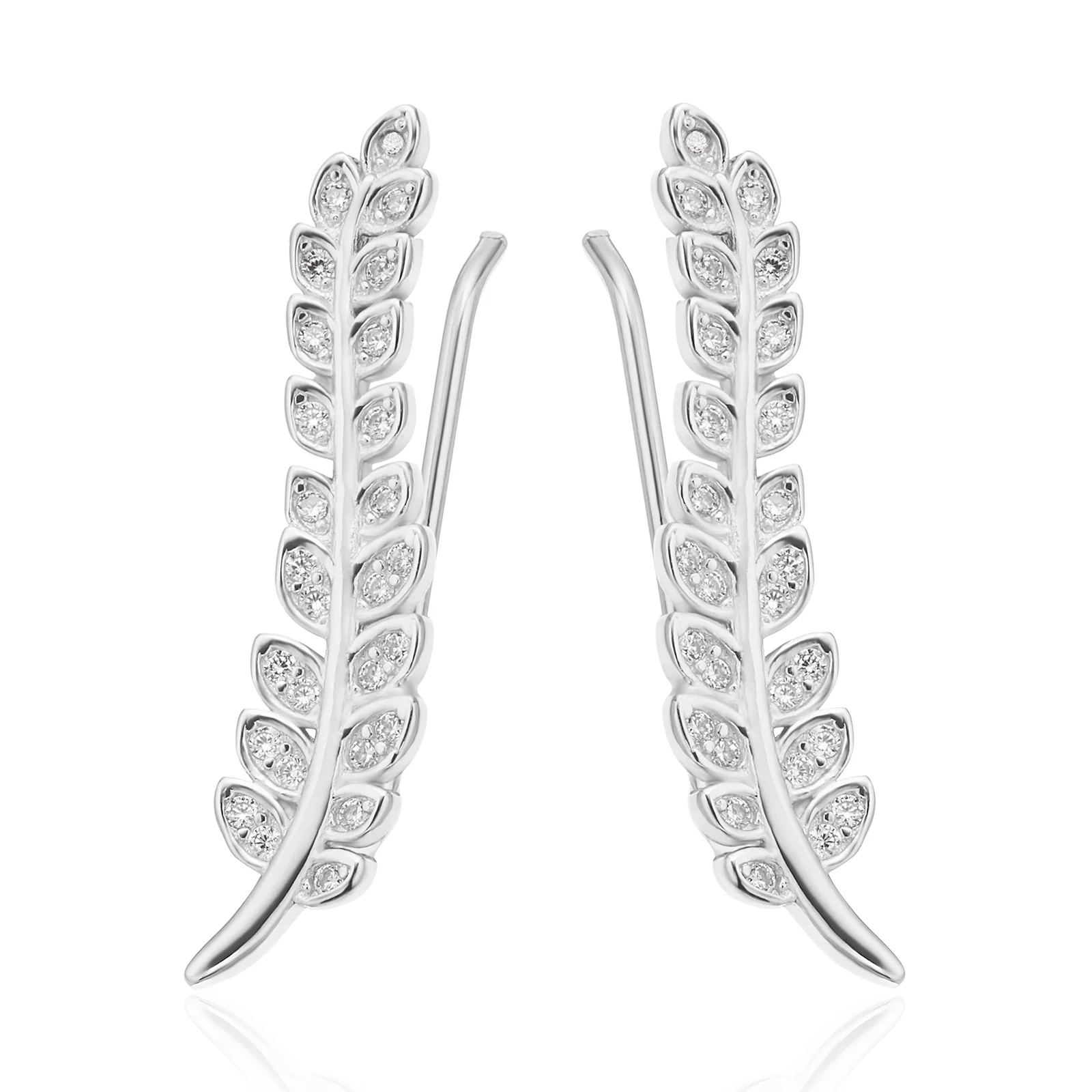 Sterling Silver with Round White Cubic Zirconia Leaf Drop Earrings
